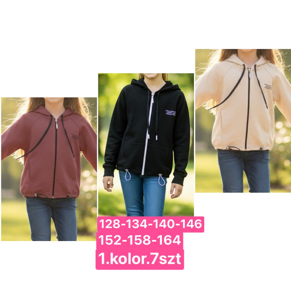 Bluzy dziewczęce Roz 128-164, 1 kolor Paczka 7 szt 1